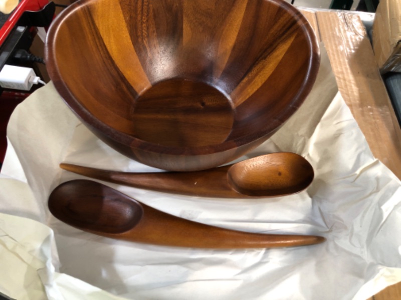 Photo 3 of nambe Gourmet Harmony 3 Piece Wooden Salad Bowl Set | Big 12-Inch Salad Bowl with Serving Utensils | Acacia Wood Salad Tosser and Fruit Bowl | Housewarming Gift | Designed by Wei Young Brown