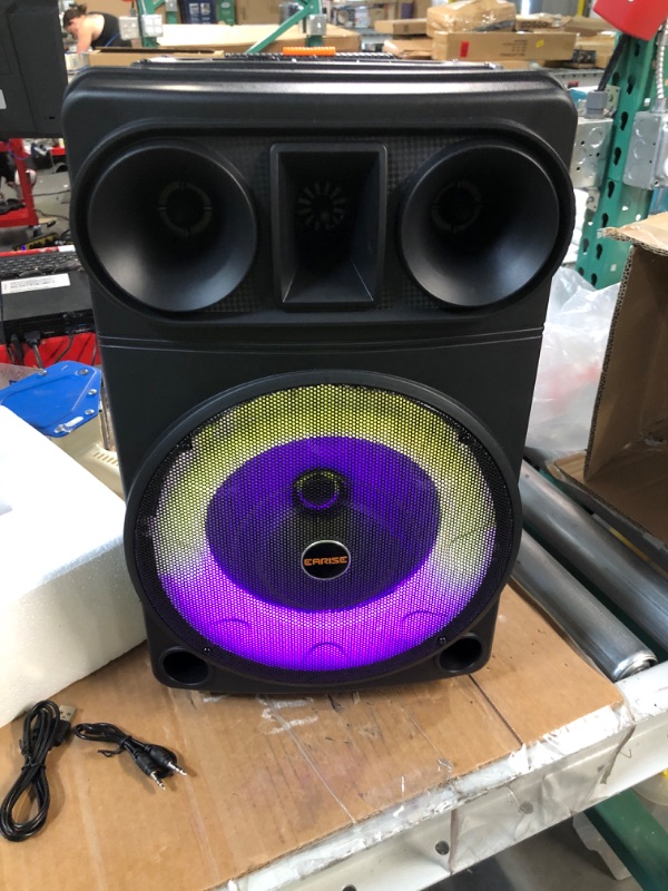 Photo 2 of EARISE R18 Portable PA System Speaker with 2 Wireless Microphones, 8” Subwoofer & 1" Tweeter, RGB Lights, Supports USB/AUX/TF/FM, Rechargeable Bluetooth Speaker, Karaoke Machine for Adults Kids Party