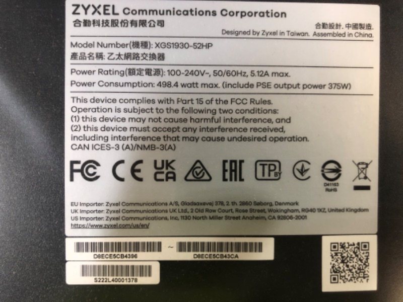 Photo 2 of Zyxel 48-Port Gigabit Ethernet Smart Managed PoE+ Switch with 375 Watt Budget and 4 10G SFP+ Slots, Hybrid Cloud mode [XGS1930-52HP] XGS1930-52HP-EU0103F