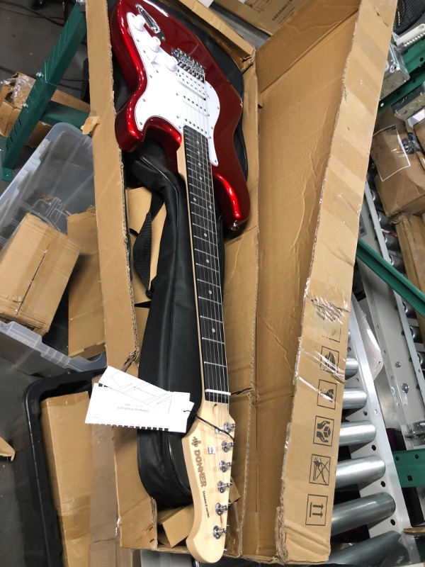 Photo 3 of *SMALL GASH IN GUITAR/SEE PICS** Donner Dst-102r Solid Body 39 inch Full Size Electric Guitar Kit Red, Beginner Starter, with Amplifier, Bag, Capo, Strap, String, Tuner, Cable, Picks