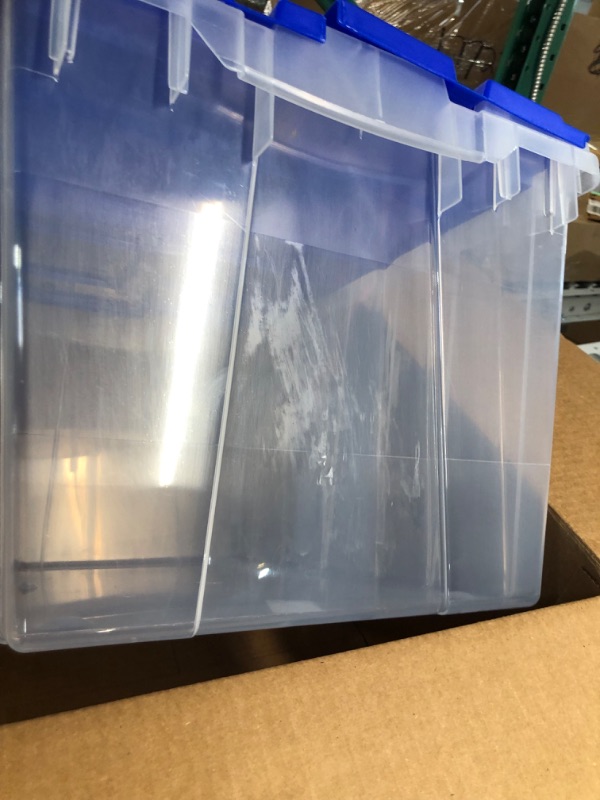 Photo 3 of **USED** Akro-Mils 66486 12-Gallon Plastic Stackable Storage Keepbox Tote Container with Attached Hinged Lid, 21-1/2-Inch x 15-Inch x 12-1/2-Inch Clear/Blue Keep Box