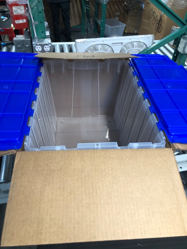 Photo 2 of **USED** Akro-Mils 66486 12-Gallon Plastic Stackable Storage Keepbox Tote Container with Attached Hinged Lid, 21-1/2-Inch x 15-Inch x 12-1/2-Inch Clear/Blue Keep Box