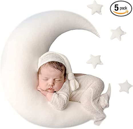 Photo 1 of Crescent moon and stars newborn photoshoot prop pillow - pink