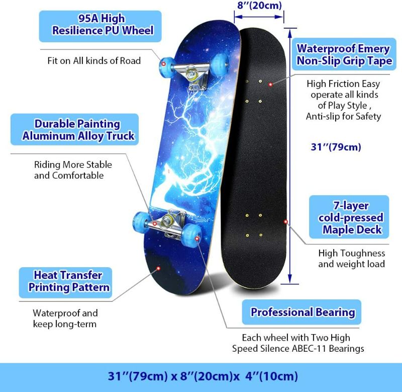 Photo 1 of  Standard Skateboards for Beginners Kids Boys Girls Teenager- 31''x 8''Canadian Maple Cruiser Pro Skate Board, Skateboards