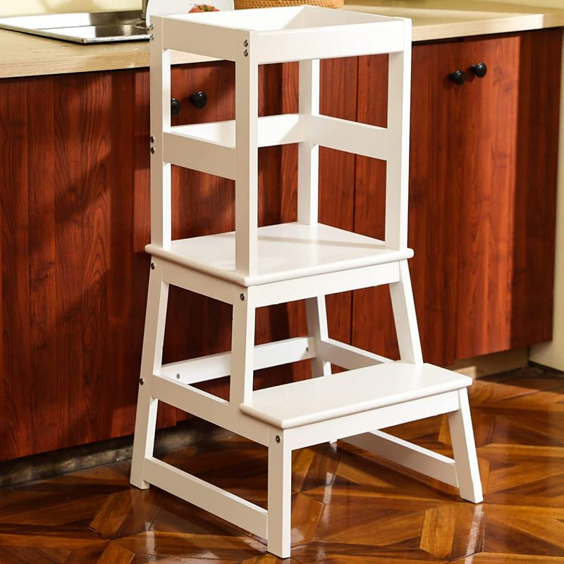 Photo 1 of Kitchen Step Stool for Kids with Safety Rail,Toddler Standing Tower for Kitchen Counter, Baby Montessori Stool, Solid Wood Construction,white