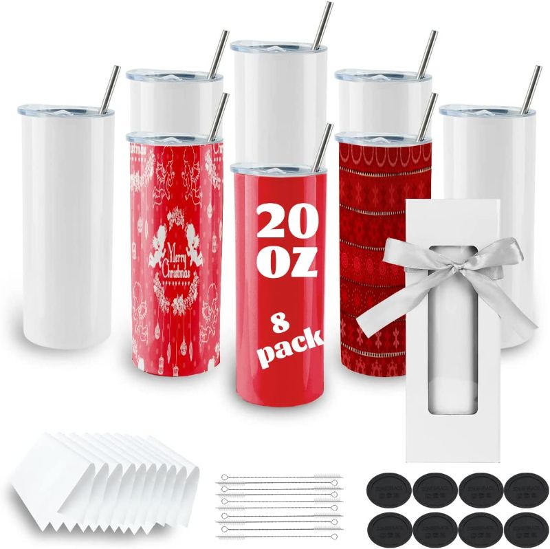 Photo 1 of ***USED/SEE NOTES*** 8 Pack Sublimation Tumblers bulk 20 oz Skinny,Stainless Steel Double Wall Insulated Straight Sublimation Tumbler Cups ***SEE NOTES***