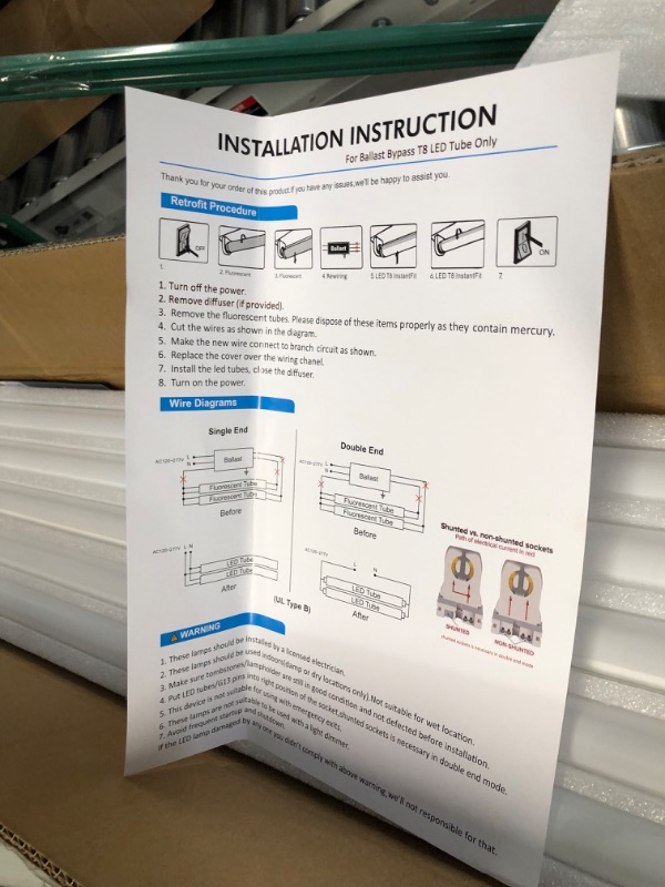 Photo 4 of 20 Pack 4FT LED T8 Ballast Bypass Type B Light Tube, 18W, 2400lm for Single-Ended & Dual-Ended Connection, 5000K, Frosted Lens, T8 T10 T12 Tube Light for G13, 120-277V, UL Listed