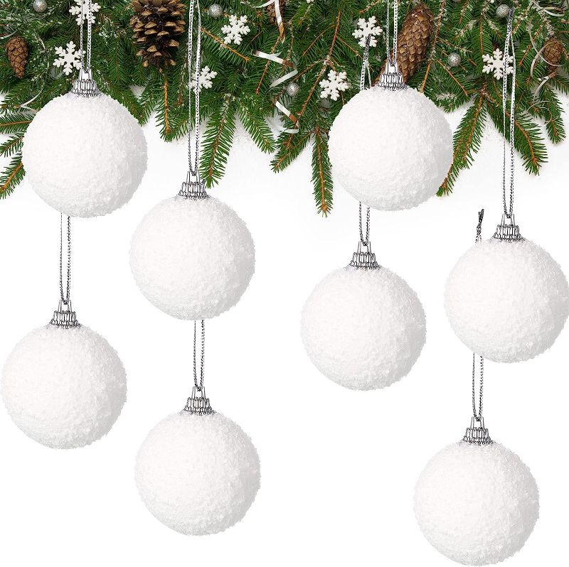 Photo 1 of 24 Pieces Christmas Tree White Balls 1.97 Inch Christmas Hanging Snowballs Snowy Bauble Ornaments with Ropes for Christmas Holiday Wedding Party Decoration
