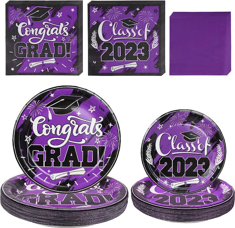 Photo 1 of 2023 Purple Graduation Plates and Napkins Set Party Supplies for 50 Guest- 200pcs Class of 2023 Grad Party Tableware kit Include Dinner Plates Dessert Plates Napkins for Congrat Grad Party Decorations