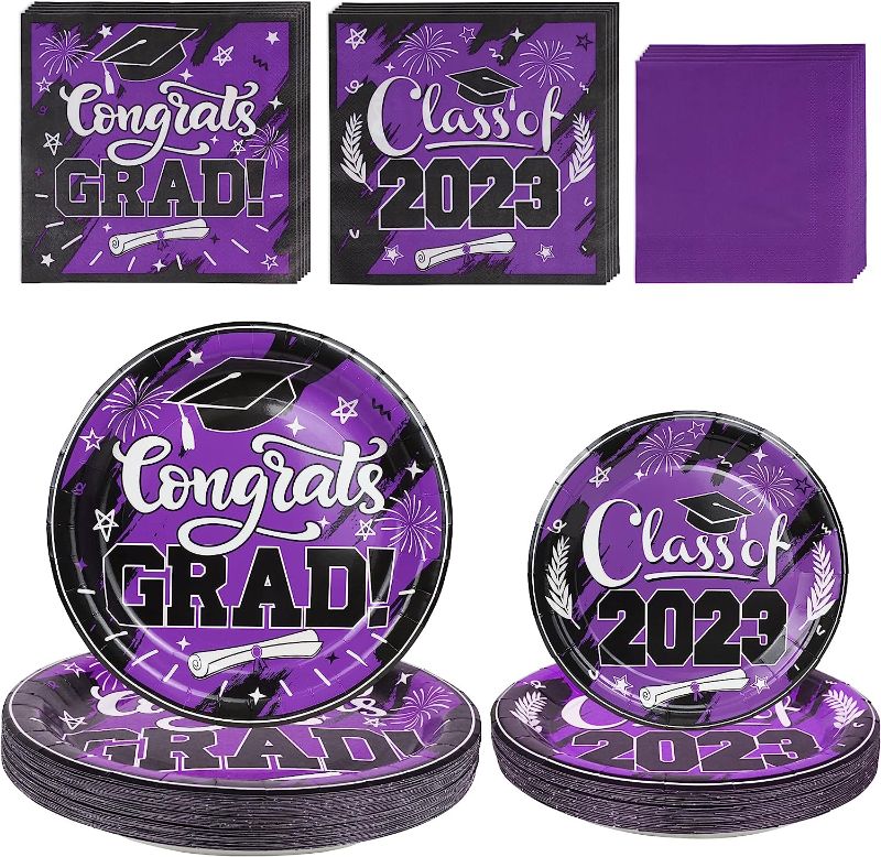 Photo 1 of 2023 Purple Graduation Plates and Napkins Set Party Supplies for 50 Guest- 200pcs Class of 2023 Grad Party Tableware kit Include Dinner Plates Dessert Plates Napkins for Congrat Grad Party Decorations
