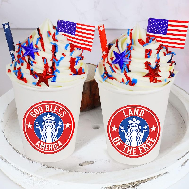 Photo 1 of 4th of July Patriotic Decorations 2 Pack Mini America Flag Star Cups with Faux Whipped Cream for Tiered Tray Decor, Red White Blue Fourth of July Decor for Table Home Party Memorial Day Decorations
