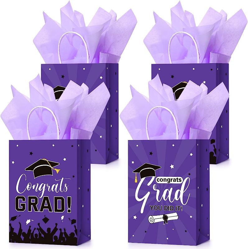 Photo 1 of 24 Pcs Graduation Gift Bags with Tissue Paper 2023 Graduation Party Gift Bags with Handles for High School, College, Kindergarten, 8th Grade and More (Purple)
