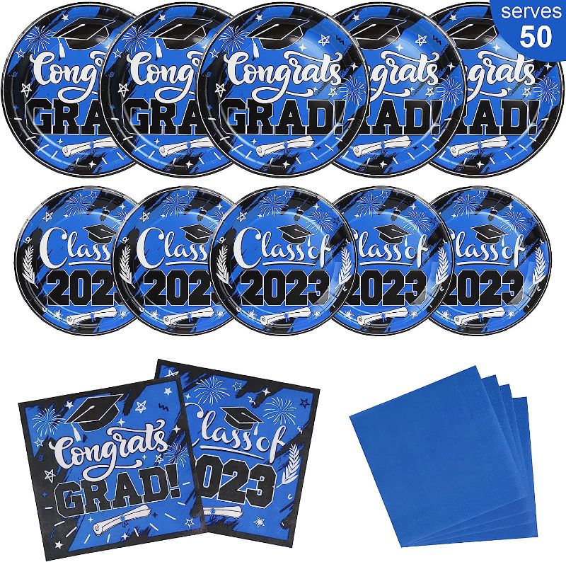 Photo 1 of 2023 Blue Graduation Plates and Napkins Set Party Supplies for 50 Guest- 200pcs Class of 2023 Grad Party Tableware kit Include Dinner Plates Dessert Plates Napkins for Congrat Grad Party Decorations
