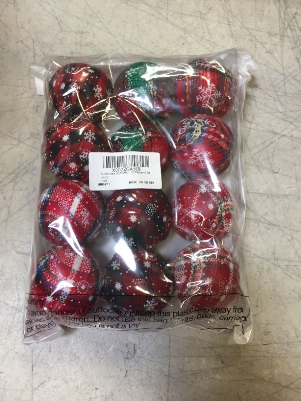 Photo 1 of 12 Pieces Christmas Burlap Ball Ornaments Foam Buffalo Plaid Ball Rustic Christmas Tree Hanging Ornaments Balls with Snowflakes and Stars for Christmas Party Decorations