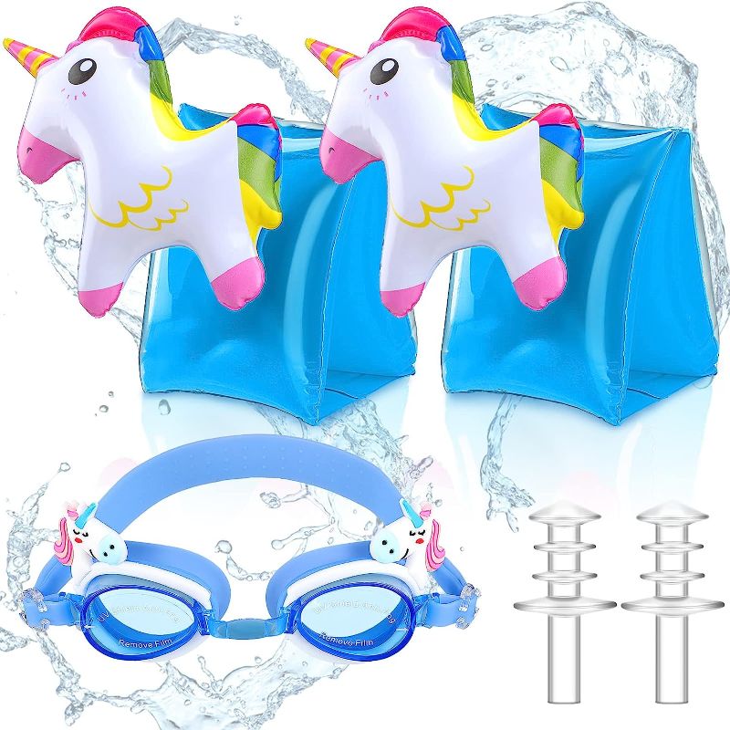 Photo 1 of 2 Pcs Swim Arm Floaties Inflatable Swim Arm Bands for Kids Toddler, Anti Fog Swimming Goggles Floater Sleeves
