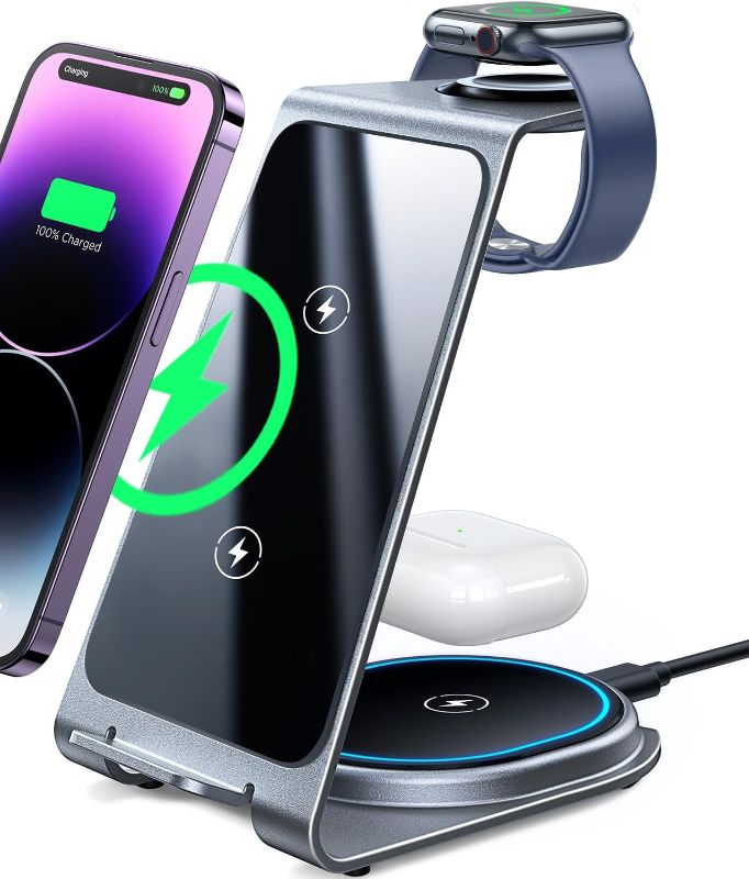 Photo 1 of 15W Wireless Charger iPhone Fast Charging, Lemoworld 3 in 1 for Apple Charging Station Multiple Device [Qi] Wireless iPhone Charging Station for iPhone 14/13/12/11/Pro/Max/Apple Watch/Airpods Pro
