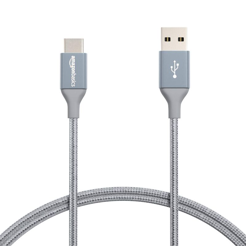 Photo 1 of Amazon Basics USB-C to USB-A 2.0 Fast Charging Cable, Nylon Braided Cord, 480Mbps Transfer Speed, 3 Foot, Dark Gray 3 Feet Type-A 2.0 Dark Grey 2 pack 