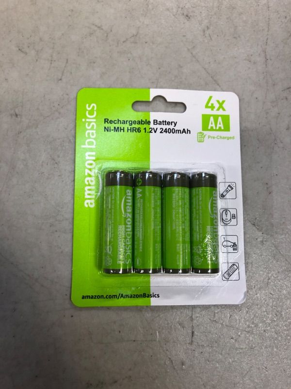 Photo 1 of Amazon Basics 4-Pack Rechargeable AA NiMH High-Capacity Batteries, 2400 mAh, Recharge up to 400x Times, Pre-Charged 4 Count (Pack of 1)