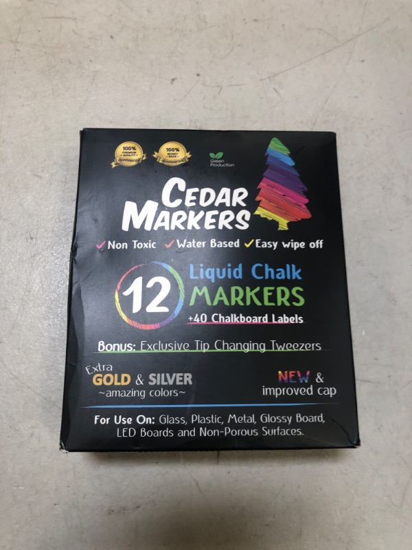 Photo 1 of Cedar Markers Liquid Chalk Markers - 12 Pack With 40 Chalkboard Labels - Bold Neon Color Pens Including Gold And Silver Paint. Dry Erase Markers for Windows, Glass, Chalkboard with Reversible Tip.