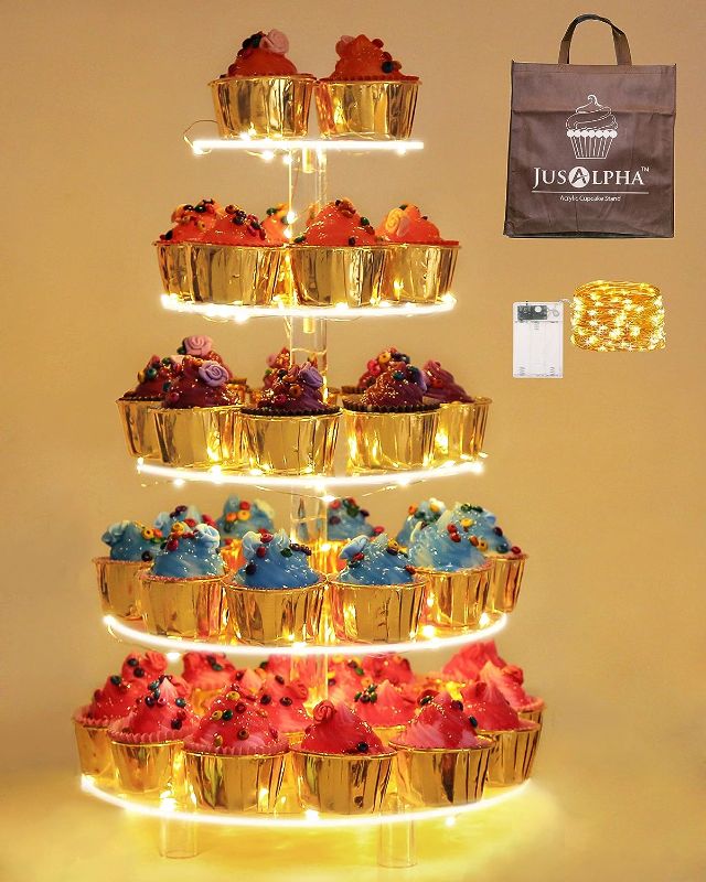 Photo 1 of  5 Tier Circle Cupcake Stand With Light - Premium Cupcake Holder - Acrylic Cupcake Tower - Ideal for Weddings Birthday Parties, Candy Bar Decor 5RF-S (LED Light Option: Battery)----SAME CONCEPT AS THE STOCK PHOTO SLIGHTLY DIFFERENT DESIGN 