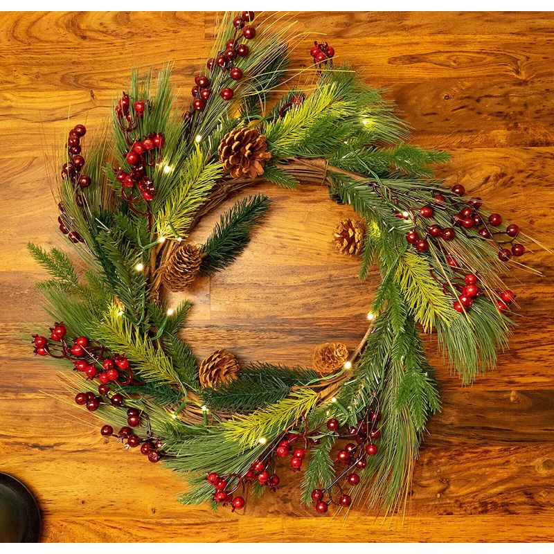 Photo 1 of 22" Christmas Wreath with Pinecones & Pine, Battery LED Lights with Timer
