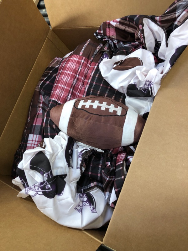 Photo 2 of 4 - Piece Kids (Double) FULL SIZE FOOTBALL Sports theme Comforter set with Plush Football Pillow Included-Black, Red, White and Brown Plaid. Boys, Girls, Guest Room and School Dormitory Bedding