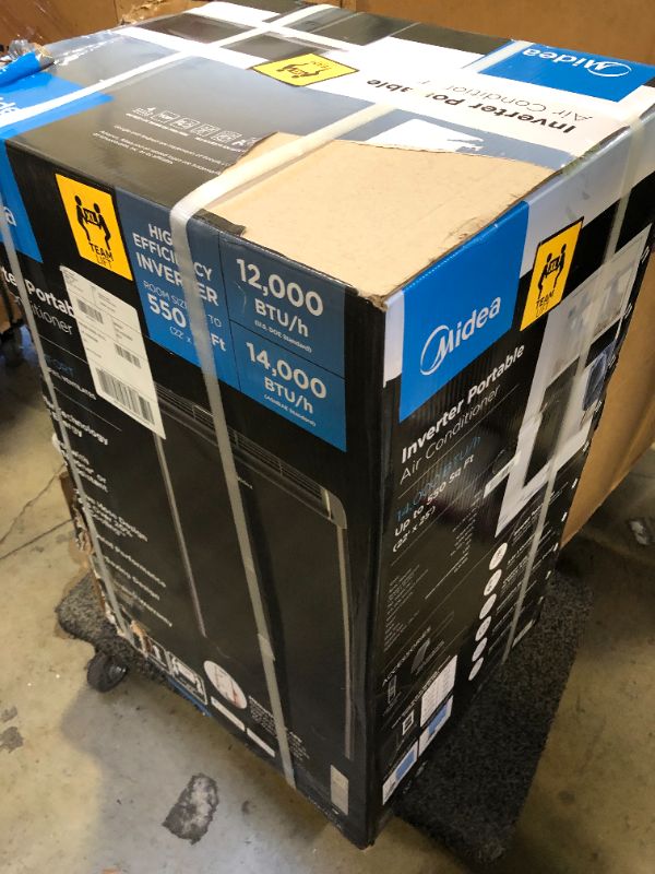 Photo 2 of Midea Duo 14,000 BTU (12,000 BTU SACC) HE Inverter Ultra Quiet Portable Air Conditioner, Cools up to 550 Sq. Ft., Works with Alexa/Google Assistant, Includes Remote Control & Window Kit Black 14,000 BTU Air Conditioner - PACKAGING DAMAGED 