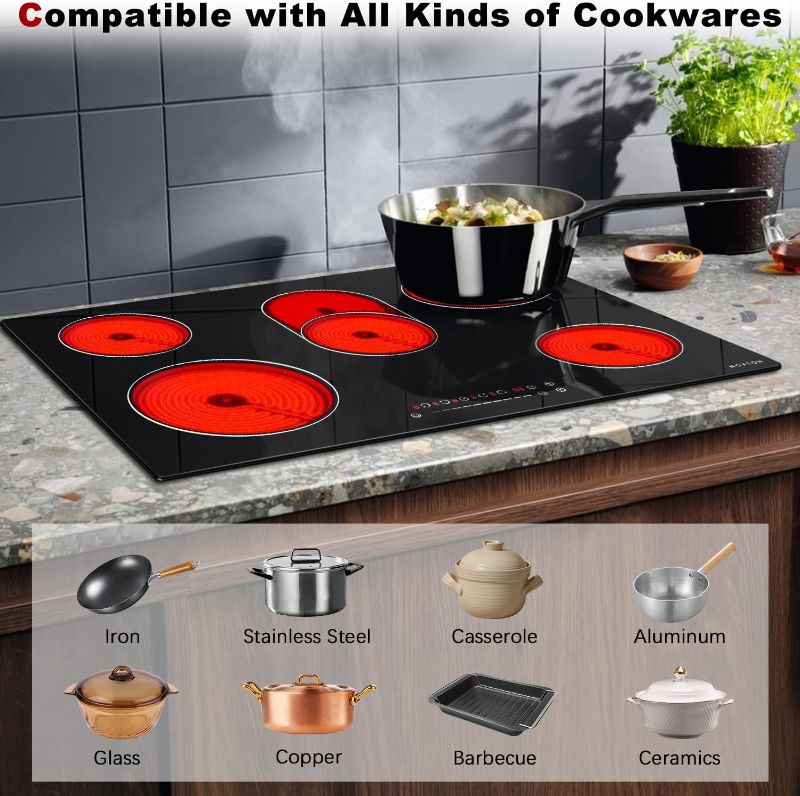 Photo 1 of Noxton 30 Inch Electric Cooktop, 8400W 5 Burners Built-in Radiant Electric Stove Top, with Glass Protection Metal Frame, Slider Control, 9 Power Levels, Child Safety Lock, Timer, 220-240V
