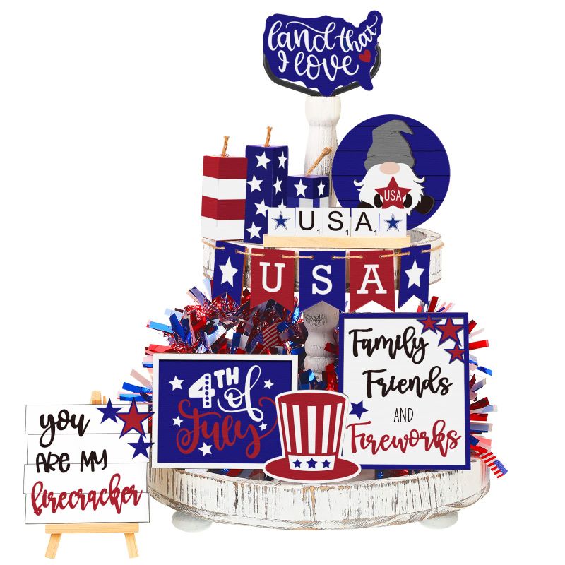 Photo 1 of 15 Pcs Patriotic Tiered Tray Decor Set, 4th of July USA Independence Day Red White Blue Decorations Farmhouse Wooden Block Signs Gnome American Flag Memorial Day for Home