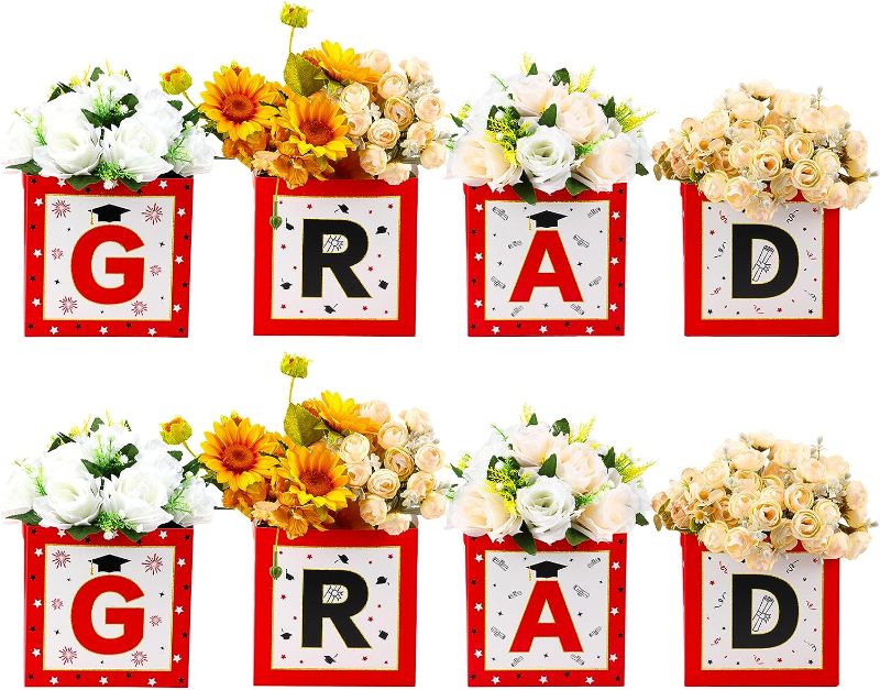 Photo 1 of 8 Pcs Graduation Flower Boxes Centerpieces Decoration Table Display with Letters Arrangement Favor Block Holder for Graduation Theme Party Supplies (Black, Red)
