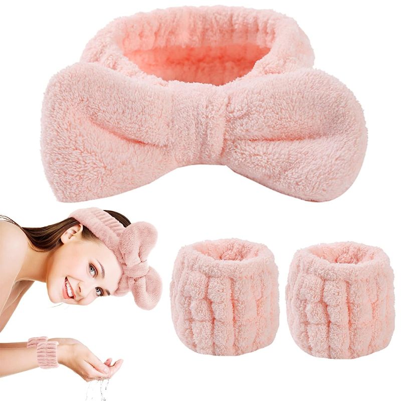 Photo 1 of 3 Pieces Spa Headband Face Washing Wristbands Straps Headbands Set for Women Girls Washing Face Towel Wristbands Hair Headband Elastic Wrist Makeup Prevent Liquids from Spilling Down Your Arms