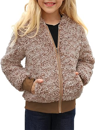 Photo 1 of Girls Warm Hooded Fleece Jackets Full Zip Faux Shearling Coat Winter Outwear With Pockets, SIZE L