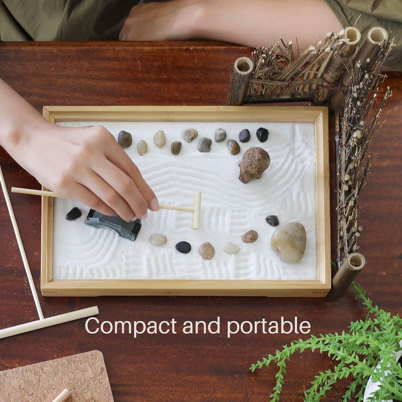 Photo 1 of  Zen Garden Kit for Desk - Premium Sand Garden - Mini Zen Décor Office Desktop Accessories - Bamboo Crafted Meditation Therapy Tray - Gift Set - 4 Stamp Spheres Natural Rake Custom Holder