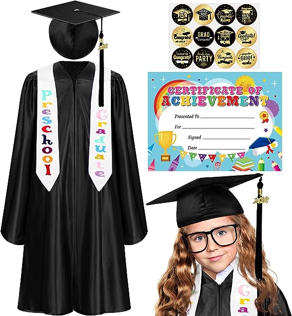 Photo 1 of Zhanmai Kindergarten and Preschool Graduation Cap Gown Stole Set for Kids with 2023 Tassel, Certificate, Graduation Sticker, SIZE L 