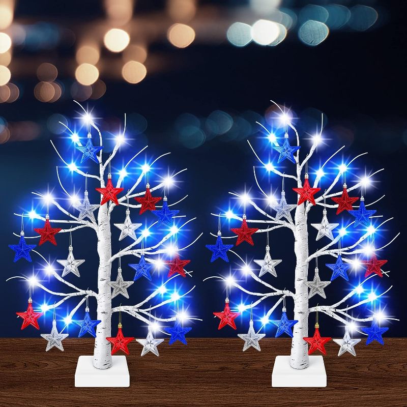 Photo 1 of 4th of July Decorations, 2 Pack 24 Inches Lighted Birch Tree for Tabletop with Timer Function, Patriotic Lighted Tree with 36 Star Hanging Ornaments for Independence Day Memorial Day Veterans Day