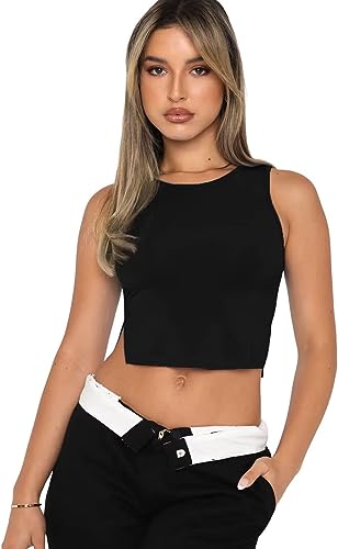 Photo 1 of Allytok Cropped Tank Tops for Women Slim Fit Summer Crewneck Sleeveless Basic Going Out Streetwear Y2K Comfy Shirts Girls Black , SIZE Small