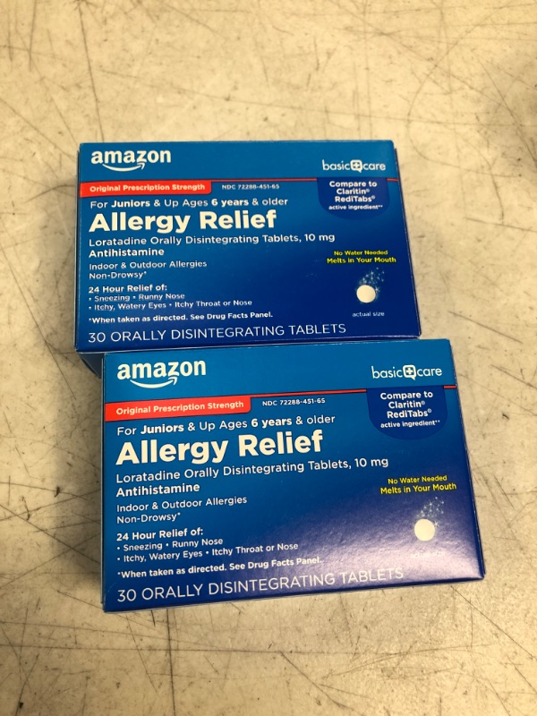 Photo 2 of Amazon Basic Care 24-Hour Allergy Medicine, Loratadine Orally Disintegrating Tablets, 10 mg, Antihistamine, Melts in Your Mouth, for Ages 6 and up, 30 Count Ages 6 and older 30 Count , 2 COUNT  EXP 10/2023