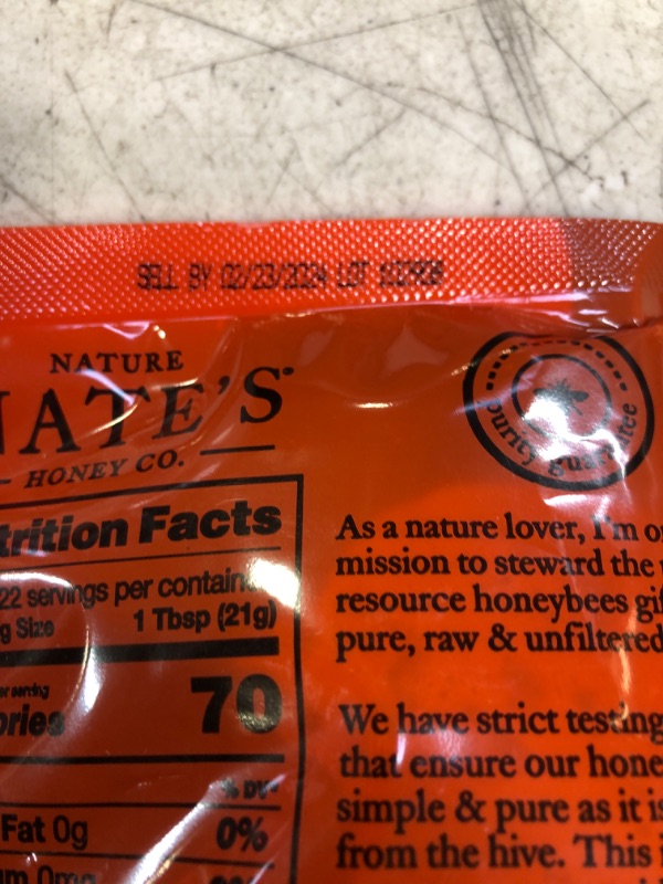 Photo 2 of Nature Nate's 100% Pure, Raw & Unfiltered Honey, No-Drip Sustainable Squeeze Pouch; Purity Guarantee, No Additives, Orange, 16 Ounce Pouch 1 Pound (Pack of 1), EXP 02/23/2024