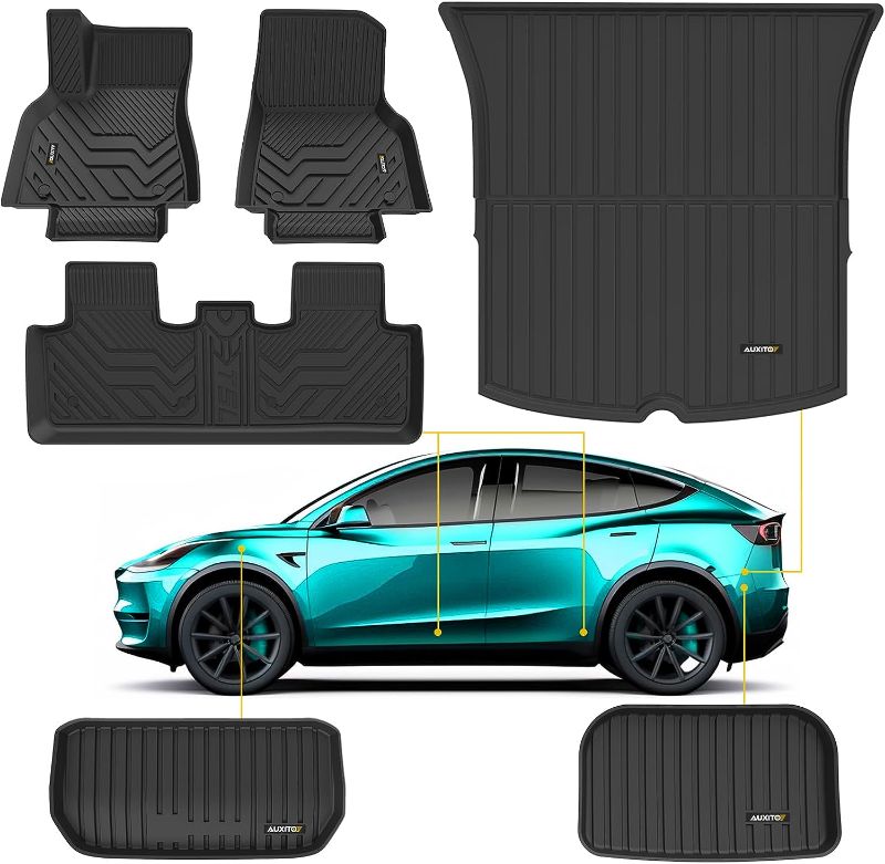 Photo 1 of  Tesla Model Y Floor Mats 2024 2023-2020 TPE All Weather Mats, Front Rear Trunk Cargo Liner Mat, Odorless All Weather Model Y Floor Liners 5 Seater Full Set Interior Accessorie