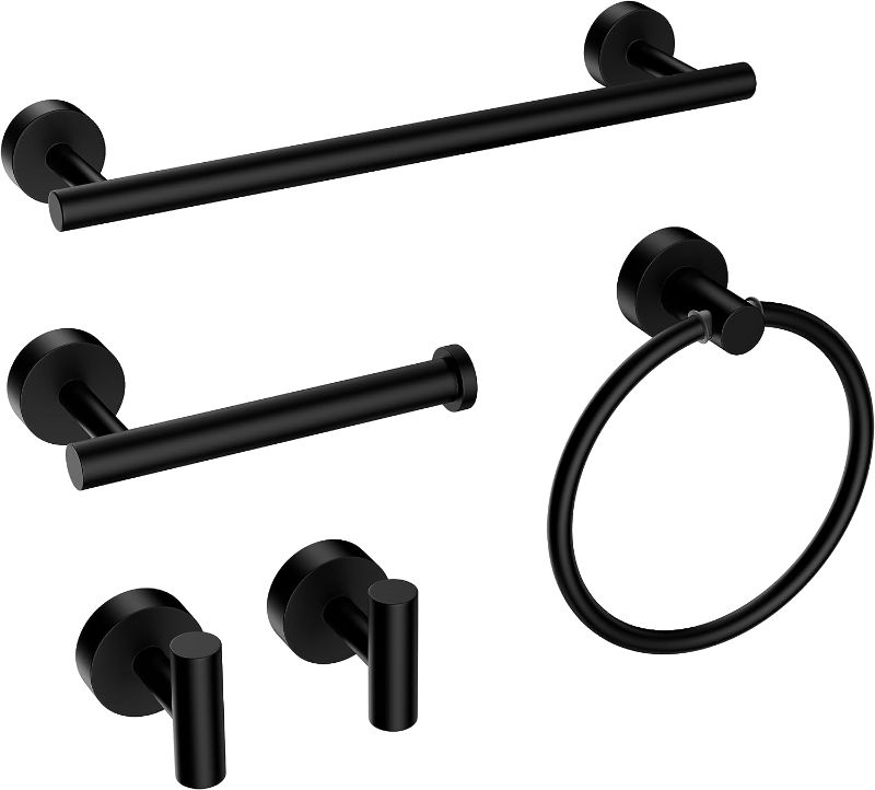 Photo 1 of 
Roll over image to zoom in





5 Pieces Matte Black Stainless Steel Bathroom Accessories Set Include 16 in Towel Bar, Toilet Paper Holder, Towel Ring, 2 Robe Towel Hooks