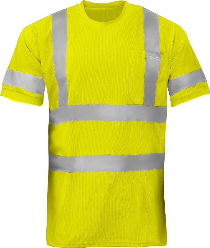Photo 1 of  Hi-Vis T-Shirt ANSI Class 3 Reflective Safety Short Long Sleeve High Visibility Crew Neck Shirt, SIZE 2XL 