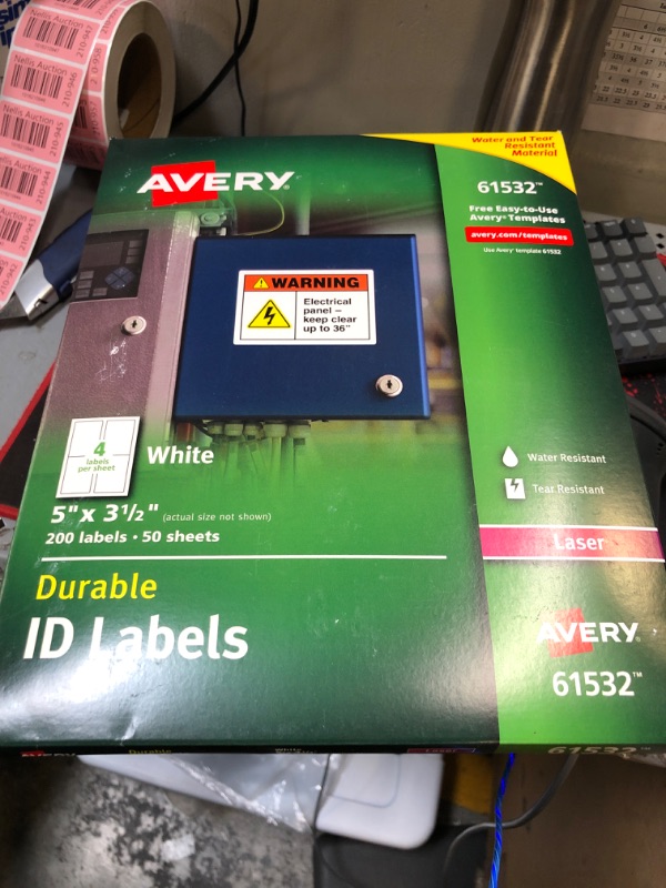 Photo 1 of Avery Durable White Cover Up ID Labels for Laser Printers, 5 x 3.5, Pack of 200 (61532) 5" x 3-1/2" Label