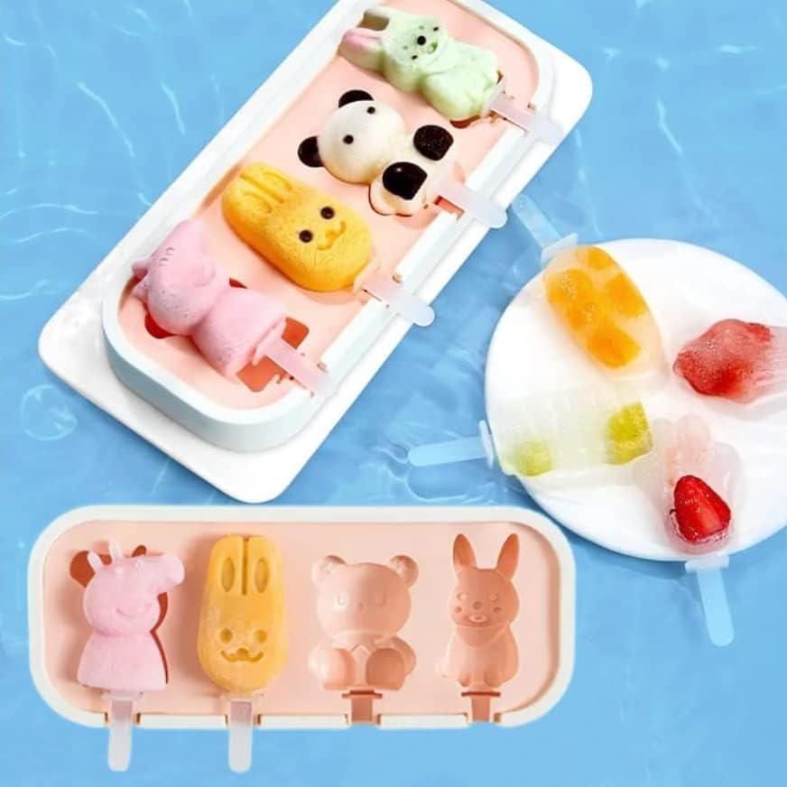 Photo 2 of 2Pc Popsicle Molds Set - Silicone Reusable Cartoon Ice Cream Mold with Lid &Sticks - Easy Release - Soft Food Grade Material - Ideal for Homemade Ice Cream, Frozen Yogurt, Chocolate (Pink, Animal)