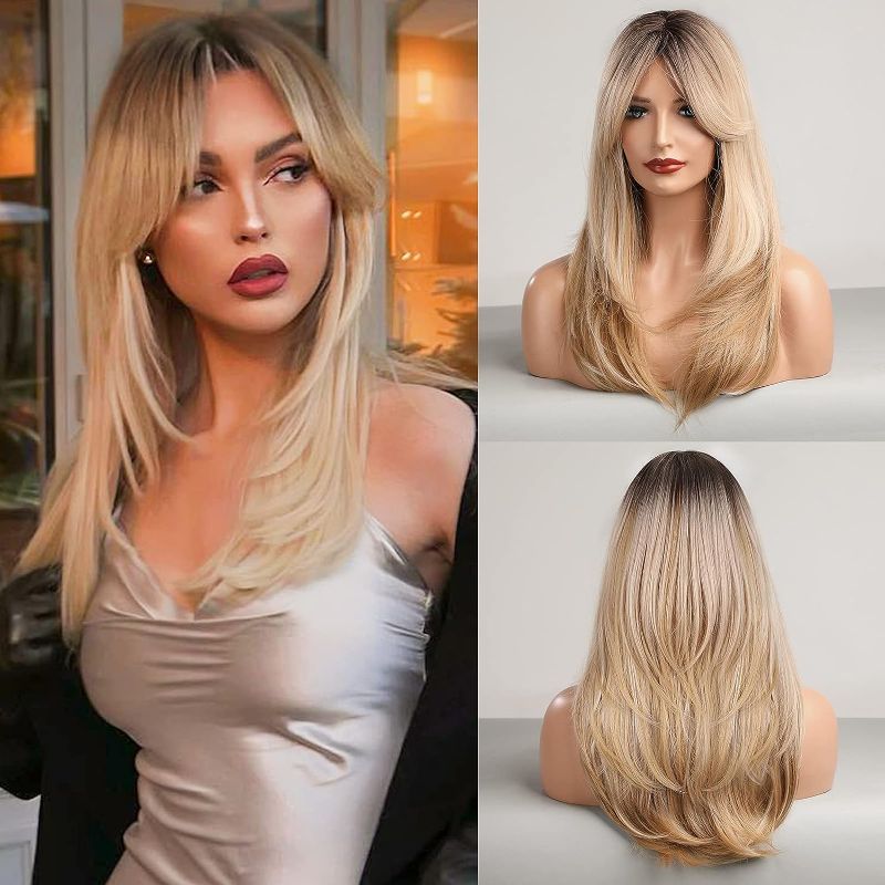 Photo 1 of  Blonde Wig with Bangs, Long Blonde Wigs for Women Layered Blonde Wigs with Bangs Ombre Blonde Wigs Synthetic Wigs (Ombre Blonde)