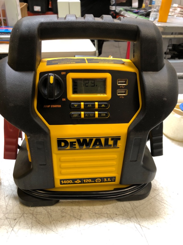 Photo 3 of DEWALT DXAEJ14 Digital Portable Power Station Jump Starter: 1400 Peak/700 Instant Amps, 120 PSI Digital Air Compressor, 3.1A USB Ports, Battery Clamps , Yellow