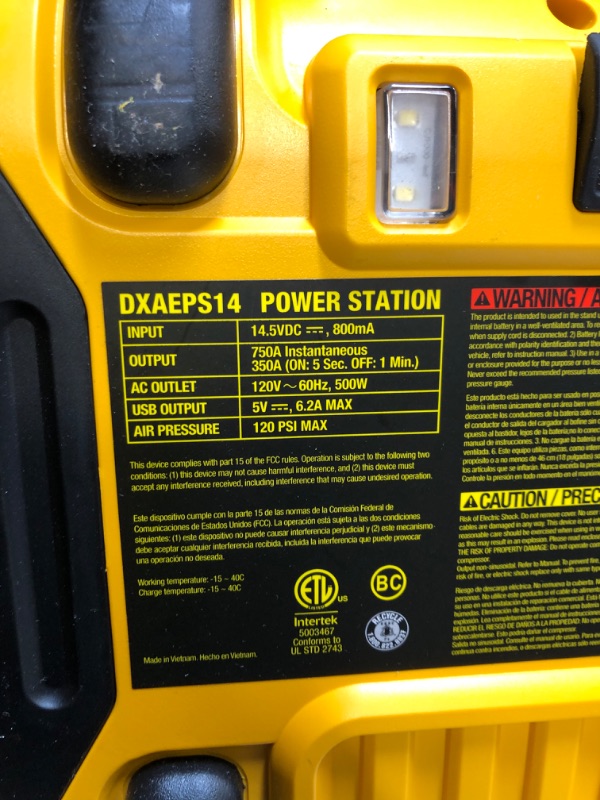 Photo 4 of DEWALT DXAEPS14 1600 Peak Battery Amp 12V Automotive Jump Starter/Power Station with 500 Watt AC Power Inverter, 120 PSI Digital Compressor, and USB Power , Yellow