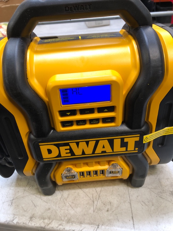 Photo 3 of DEWALT DXAEPS14 1600 Peak Battery Amp 12V Automotive Jump Starter/Power Station with 500 Watt AC Power Inverter, 120 PSI Digital Compressor, and USB Power , Yellow