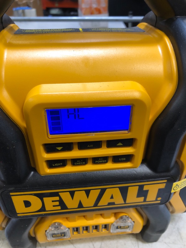 Photo 2 of DEWALT DXAEPS14 1600 Peak Battery Amp 12V Automotive Jump Starter/Power Station with 500 Watt AC Power Inverter, 120 PSI Digital Compressor, and USB Power , Yellow