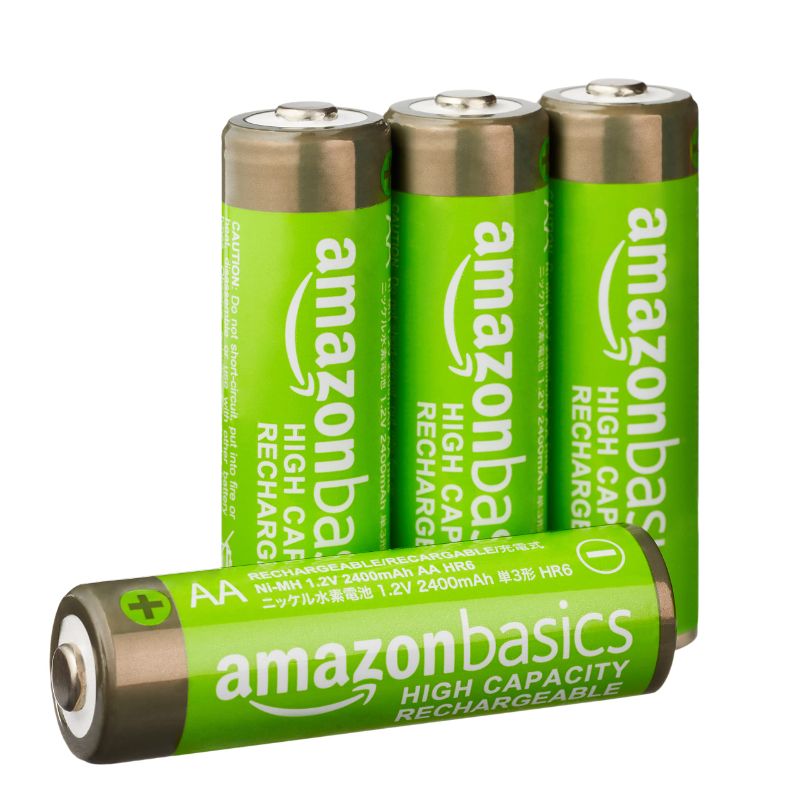 Photo 1 of Amazon Basics 4-Pack Rechargeable AA NiMH High-Capacity Batteries, 2400 mAh, Recharge up to 400x Times, Pre-Charged 4 Count (Pack of 1), 4 COUNT 
