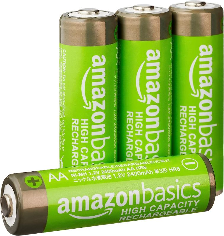 Photo 1 of Amazon Basics 4-Pack Rechargeable AA NiMH High-Capacity Batteries, 2400 mAh, Recharge up to 400x Times, Pre-Charged, 4 PACK 